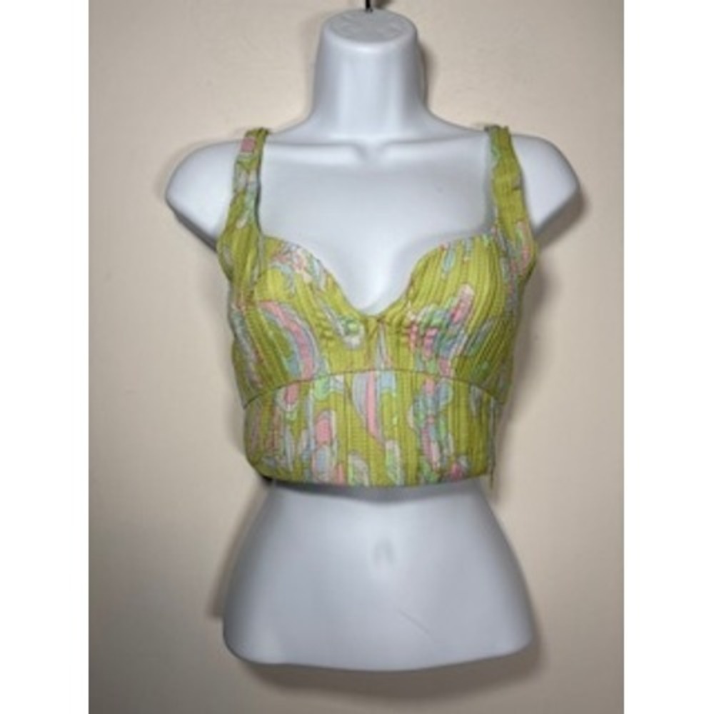 ZARA Crop Top Small Green Abstract Paisley‎ Bustier Ribbed Summer Boho Retro Y2K
